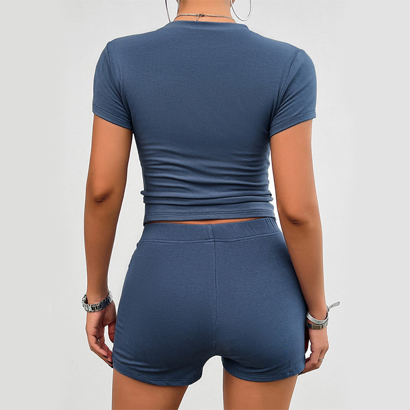 Solid Color Slim Sports Suit Summer 2Pcs Short-sleeved Round Neck T-shirt And Elastic Shorts Fashion Womens Clothing - Kim's Kloset