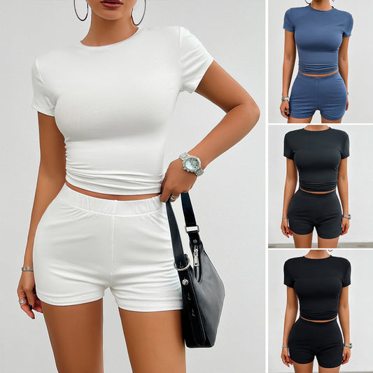 Solid Color Slim Sports Suit Summer 2Pcs Short-sleeved Round Neck T-shirt And Elastic Shorts Fashion Womens Clothing - Kim's Kloset
